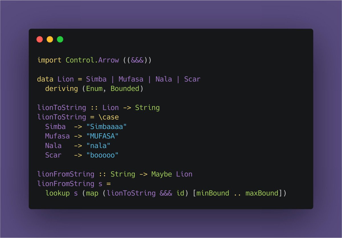 HandyHaskell's tweet photo. A neat little one liner to avoid duplicating logic across `a -> b` and `b -> Maybe a` https://t.co/YSW5rDtIRE