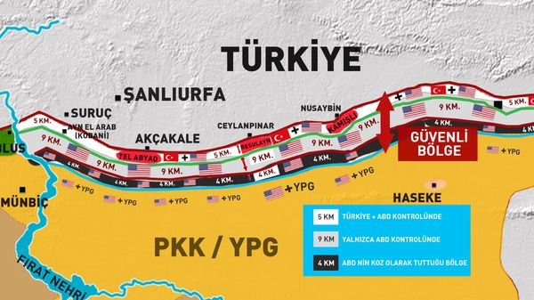 NaimBaburoglu's tweet photo. ABD'nin Güvenli Bölge'si. 
-Yerleşim birimlerini yerel güçler kontrol edecek
-Kürt nüfusun yoğun olduğu yerde Türk güçleri yok
-5 km kuşakta ABD-Türkiye; 9+4 km'yi ABD kontrol edecek.
Bu, Türkiye'nin de katkısıyla PYD/PKK kukla devletçiğinin kurulmasıdır. Masada bile görüşülemez. https://t.co/24rizZ3RUC