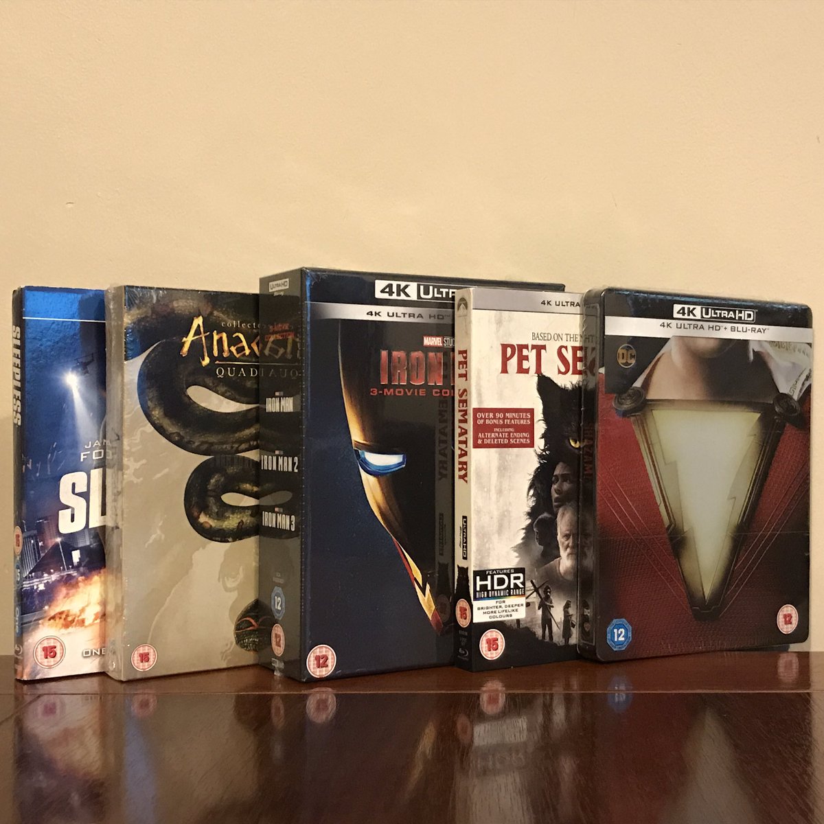 MovieCaveDave's tweet photo. Shops...In-Out n Boom ๐ฅMovieCavePost,
Iron man: โ4K Box Setโ, Shazam!: โ4K Steelbook, Pet Sematary, Anaconda Quadrilogy 1-4 Boxset, Sleepless
And Lastly..Couple Of Pins Ta Add Ta Tha #PinWall
Both Pretty Phunky Wrestlin Ones From Tha Bay Of โEโ.
#BluRay #4KUHD #4K #DolbyVision https://t.co/Q9kQQH1VCr