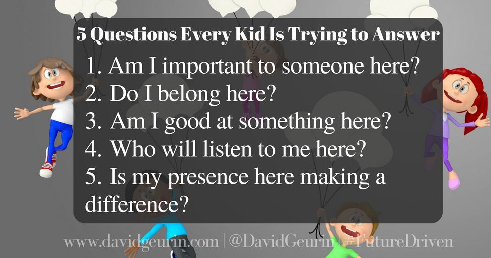 DavidGeurin's tweet photo. As we start the new school year, remember every kid who enters your classroom needs the answer to these questions more than any question on a quiz or test. https://t.co/bZX6mZX8i1 https://t.co/NSaKDOiZyR
