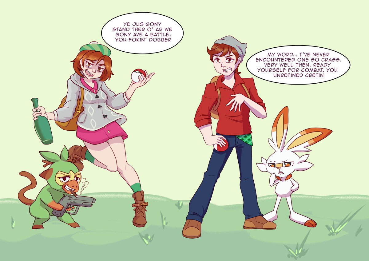 Leraphe_'s tweet photo. If the female trainer is a rude scottish girl then i've been imagining the male trainer as a snooty english boy

#PokemonSwordandShield #pokemon #pokemontrainers #scorbunny #grookey #scottishtrainer https://t.co/xGKed2fTVg