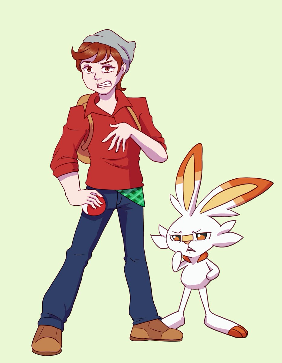 Leraphe_'s tweet photo. If the female trainer is a rude scottish girl then i've been imagining the male trainer as a snooty english boy

#PokemonSwordandShield #pokemon #pokemontrainers #scorbunny #grookey #scottishtrainer https://t.co/xGKed2fTVg
