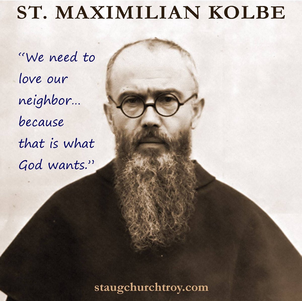 staugustinetroy's tweet photo. Blessings on this #feastday of #StMaximilianKolbe patron of addicts and drug addiction St. Maximilian Kolbe willingly took the place of another man condemned to starve in the Auschwitz Concentration Camp.
St. Maximilian Kolbe, pray for us and for all battling addiction today! https://t.co/cSc5bgRqUo