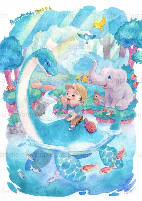 【お仕事紹介】 ご自宅に飾られる絵のご依頼です。 もうすぐ1歳になる、笑顔が可愛いらしい男の子を描かせて頂きました。 恐竜や動物たちと、仲良く楽しく遊んでいます。 #うちのこイラスト