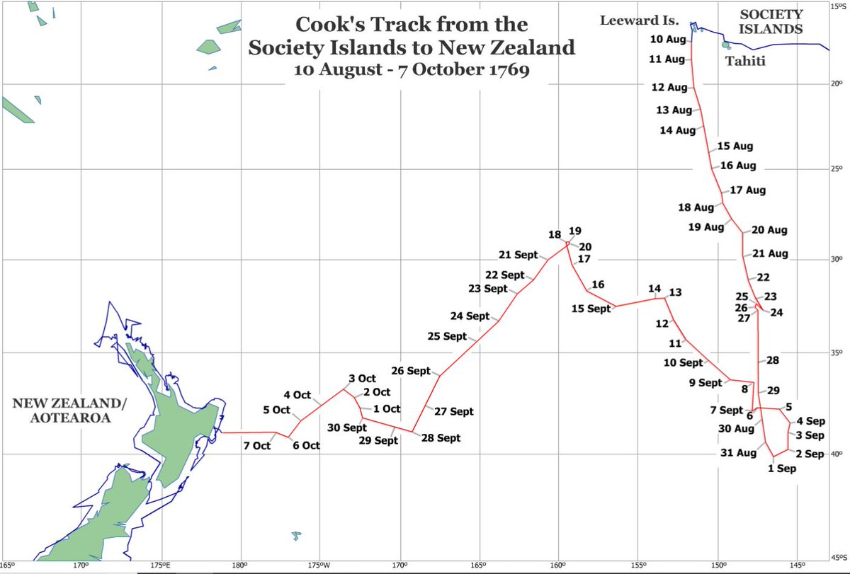  #Banks250: Today we are at Tupia's island, the modern Rurutu in the Austral group, south of Tahiti.Cook's track to NZud is going to be tortuous: http://southseas.nla.gov.au/journals/maps/17691007.html