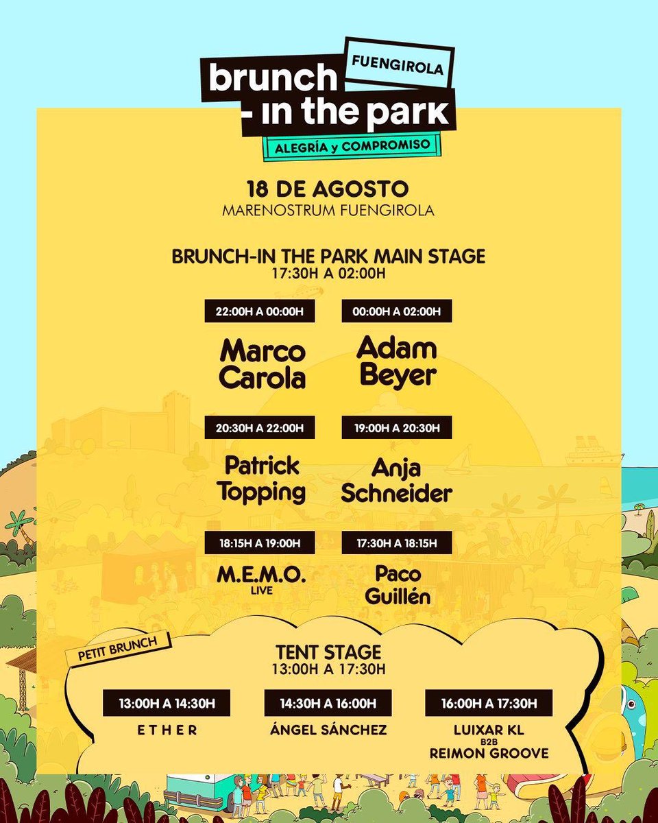 👉 Ya están aquí los HORARIOS  👈
El 18 de Agosto os esperamos en Marenostrum Fuengirola para disfrutar del Brunch - In The Park

Saca tu entrada en el siguiente enlace 👉bit.ly/BrunchFuengiro…
Evento recomendado por Elegance Producciones 🙌