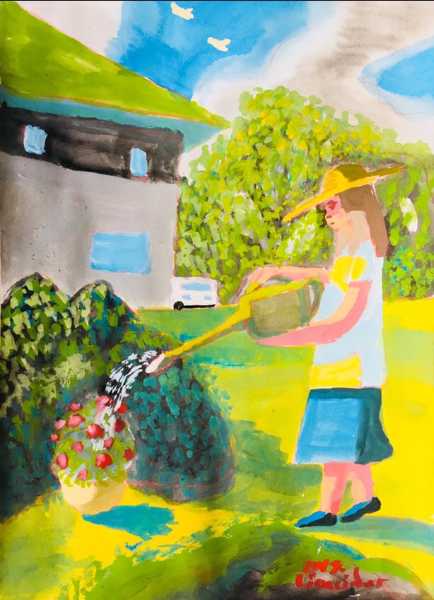 Lioncider V Twitter 庭で花に水を じょうろ Illustration Drawing Wateringcan Green Flower Woman Watering Garden Image Art Colorful Acrylicpaint Picture Painting イラスト アート カラフル アクリルガッシュ 絵