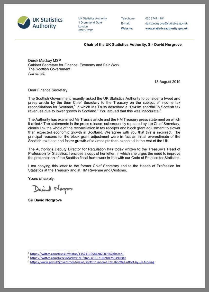 stuartgmcintyre's tweet photo. Remember last month's stooshie between @DerekMackaySNP and @trussliz over the operation of the Fiscal Framework? Well, @UKStatsAuth have waded in and ruled in @DerekMackaySNP's favour, letter: https://t.co/q2BTdSCDbS