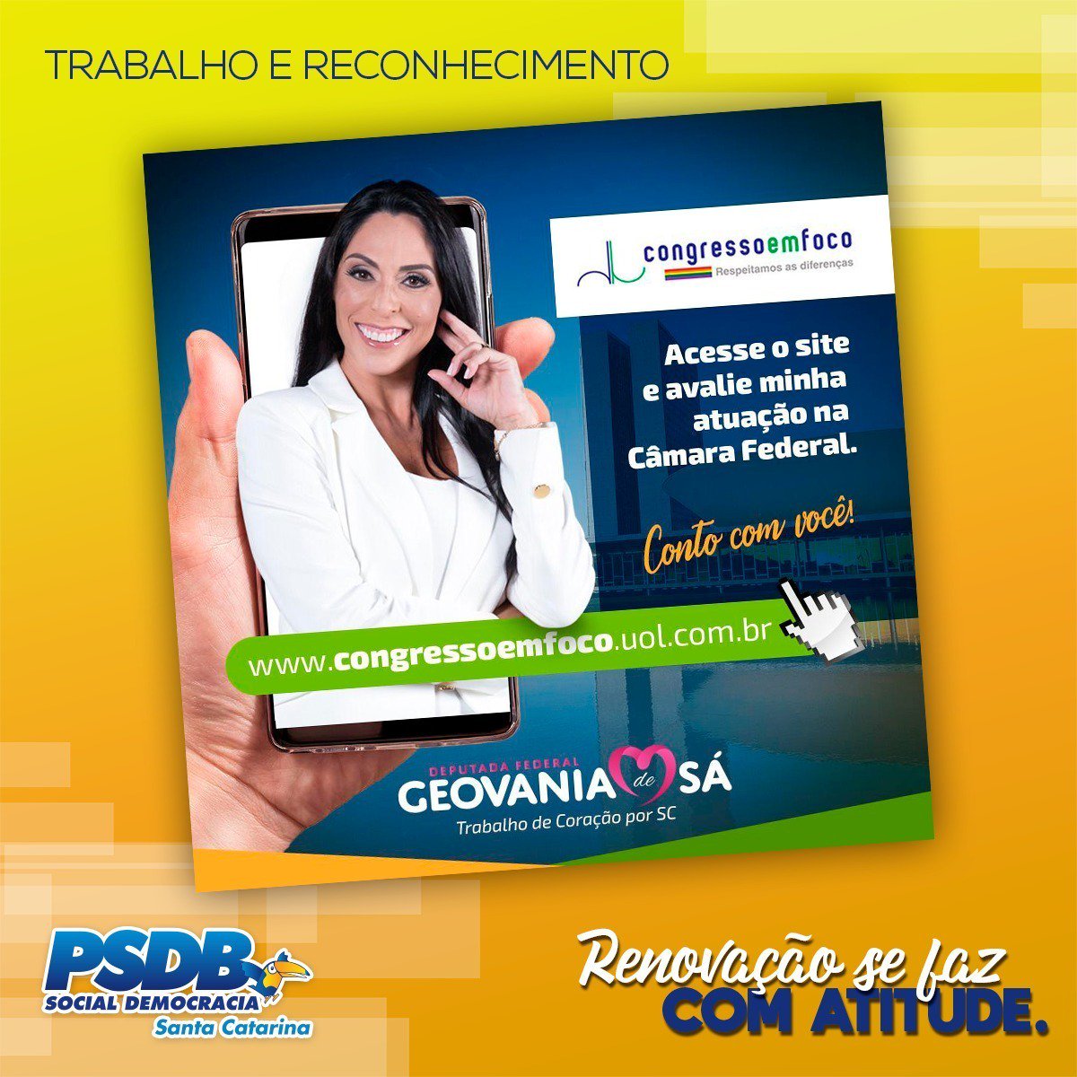 psdbsc45_'s tweet photo. Mais uma vez, a Dep Federal Geovania de Sá está apta a concorrer ao Prêmio Congresso em Foco. Destaque na Câmara, Geovania disputa o prêmio em três categorias. A votação vai até o dia 31. 

Acesse https://t.co/7zenffxbXV e vote. 

A verdadeira renovação se fez com atitude. https://t.co/nrvaWYdwMD