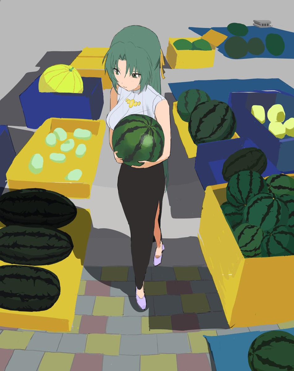 sonozaki shion 1girl watermelon food solo fruit green hair holding fruit  illustration images