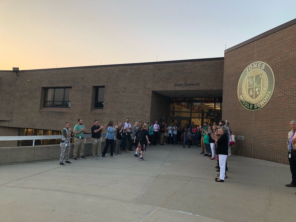 Bring The Joy!  Jones Middle School Staff welcome students as we start a new school year!  Love the energy for our kids!  #BooneNation @dr_poe @JimDetwiler1 @jlvw76