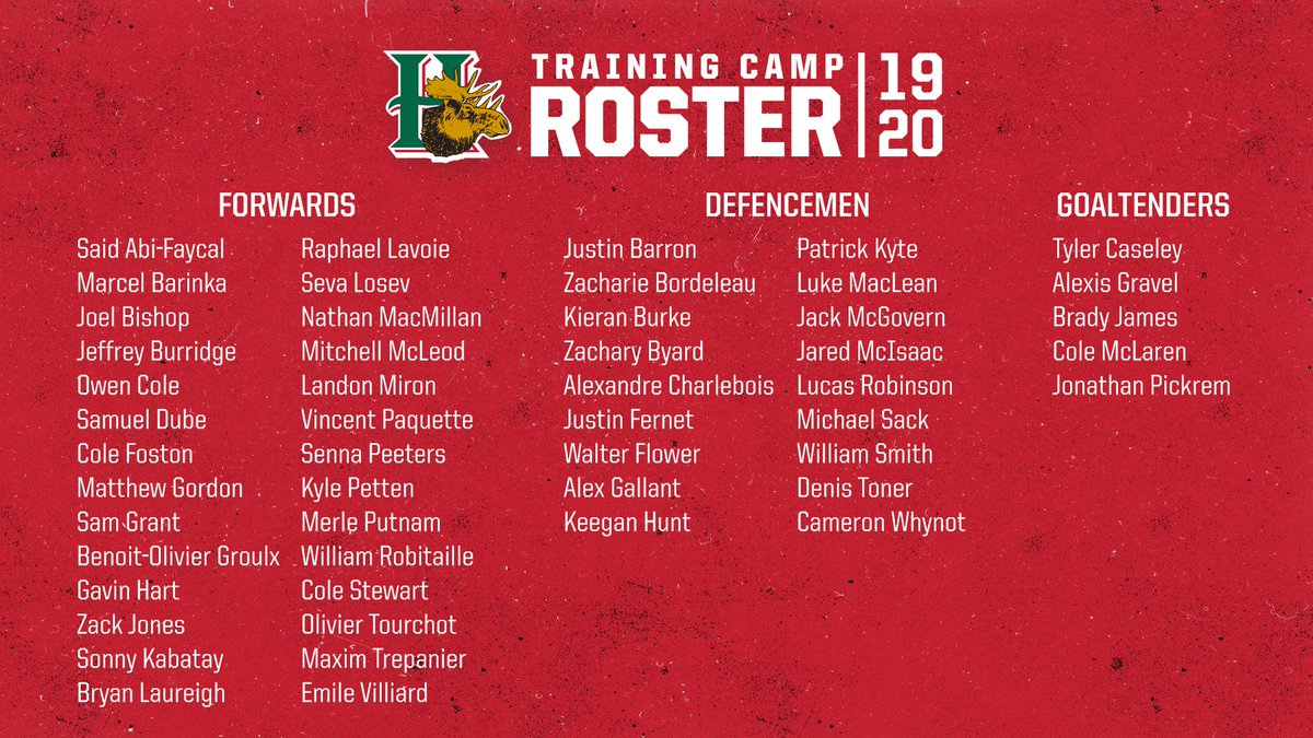 HFXMooseheads's tweet photo. Training camp begins tomorrow! Here's our 51 player roster. After receiving offers to play Pro in the ECHL or return to the QMJHL as an OA, Jocktan Chainey has decided to step aside from hockey to focus on his education &amp; career. We wish him all the best in his future endeavors. https://t.co/lID9Osxsl0