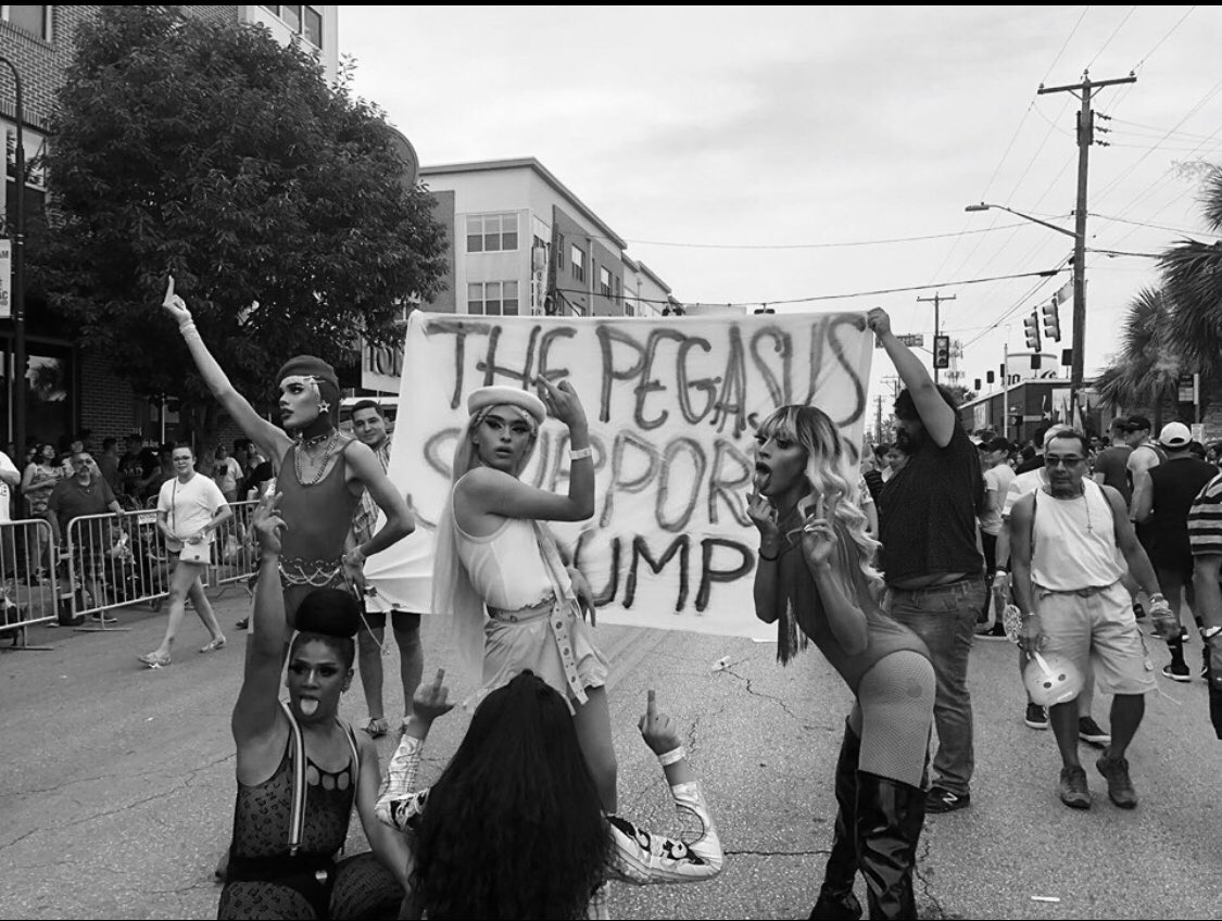 PegProtest's tweet photo. Local young queens joining the protest of Pegasus and @Mauro4Texas secure in knowing there are multiple venues in #SanAntonio that don’t financially support hate.
#ProtestThePeg #LGBTQ https://t.co/yIkyZwrMW7