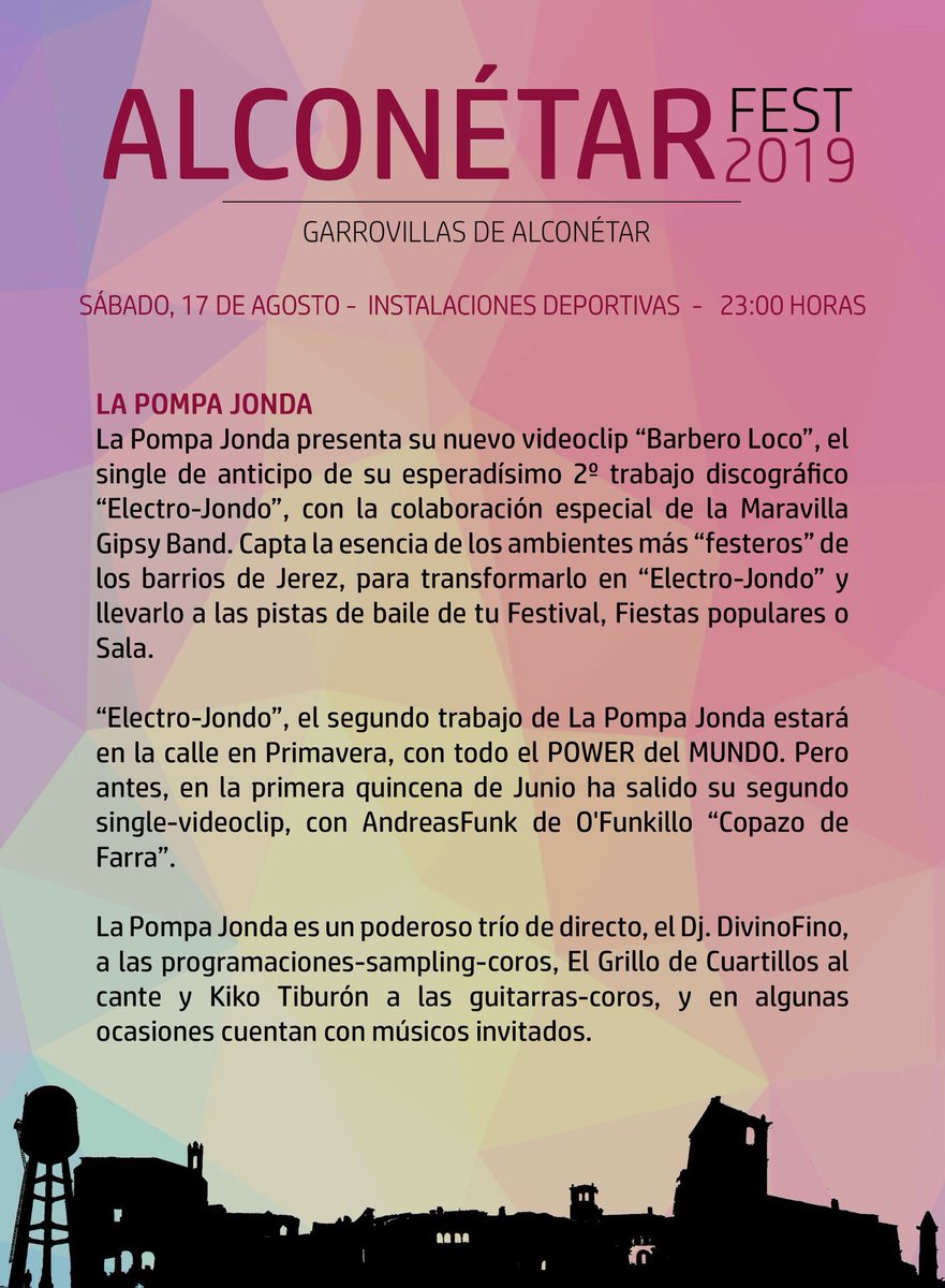 ℹ️ GRUPOS.
➡️ La Pompa Jonda. <a href="/La_Pompa_Jonda/">La Pompa Jonda</a> 

ALCONÉTAR FEST 2019:

📆 17 de agosto.

🏟 Instalaciones deportivas.

🕰 23:00h (aperturas de puertas 22:30h).

ENTRADAS ANTICIPADAS YA A LA VENTA EN:

🎟 Frutos Secos Diego.
🎟 Golosinas Arcoíris.
🎟 Ticketea.