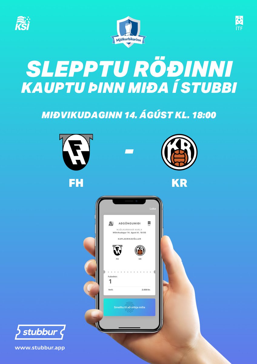 Undanúrslit í dag! <a href="/mjolkurbikarinn/">Mjólkurbikarinn</a> 

⚽️ <a href="/fhingar/">Fimleikafélag Hafnarfjarðar</a> - <a href="/KRreykjavik/">KR Reykjavik FC</a> 

Kauptu þinn miða í Stubbi🎟