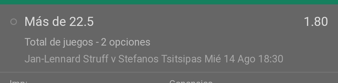 ASYG8's tweet photo. Atp Cincinnati

Mas de 22.5 juegos partido entre Struff y Tsitsipas

Stake 1

Cuota 1.8

Tenemos otra apuesta en el canal. Si le dais retwet o favorito lo dejaré por aquí, es una apuesta de mayor confianza. https://t.co/GSYfgzRKnO