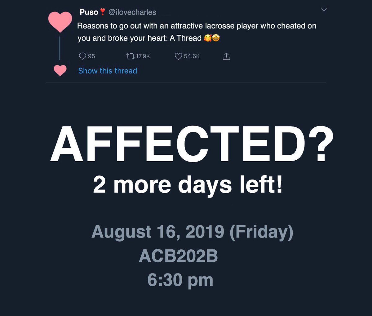 officialviare's tweet photo. Willing to wait ka ba? Kasi there’s 2 MORE DAYS LEFT!! Witness different problems of the heart in AFFECTED?: ViARE’s Anthology on love.
Ayaw mo bang maunahan? Reserve seats via this link! https://t.co/CUVDsmLon3
See you all there!
#ViARE
#ViAREalityCheck
#AFFECTED? https://t.co/5KlOYV48kQ