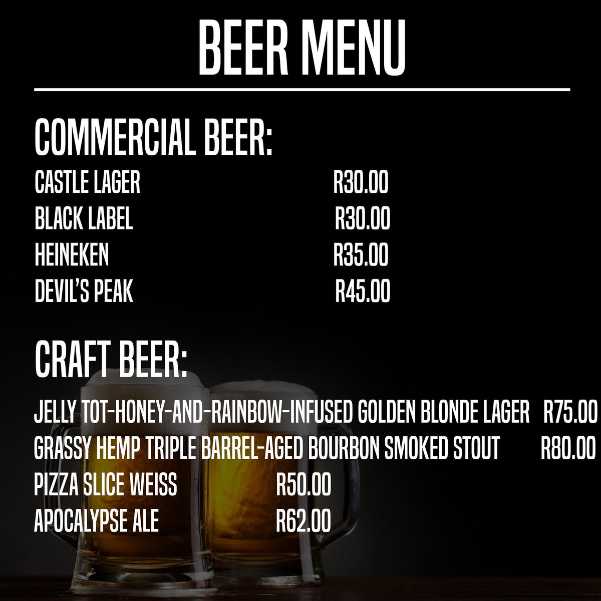 draymansbrewery's tweet photo. Beer menus in a few years....thoughts?😅😜

#realbeerplease #germanifpossible #innovativeorsilly https://t.co/MJ1sOVpZt0
