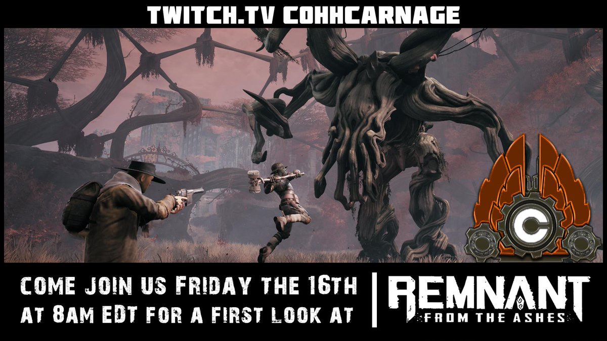 CohhCarnage's tweet photo. [Event]

Join us this Friday (8/16) at 8am EDT for a special early look at @Remnant_Game! 

We'll be starting a deep dive on Friday morning as we see everything this game has to offer!

Time: Friday at 8am EDT
Link: https://t.co/UfPlWL7kXF

See you then! 🤗 https://t.co/HyfSyRyQMK