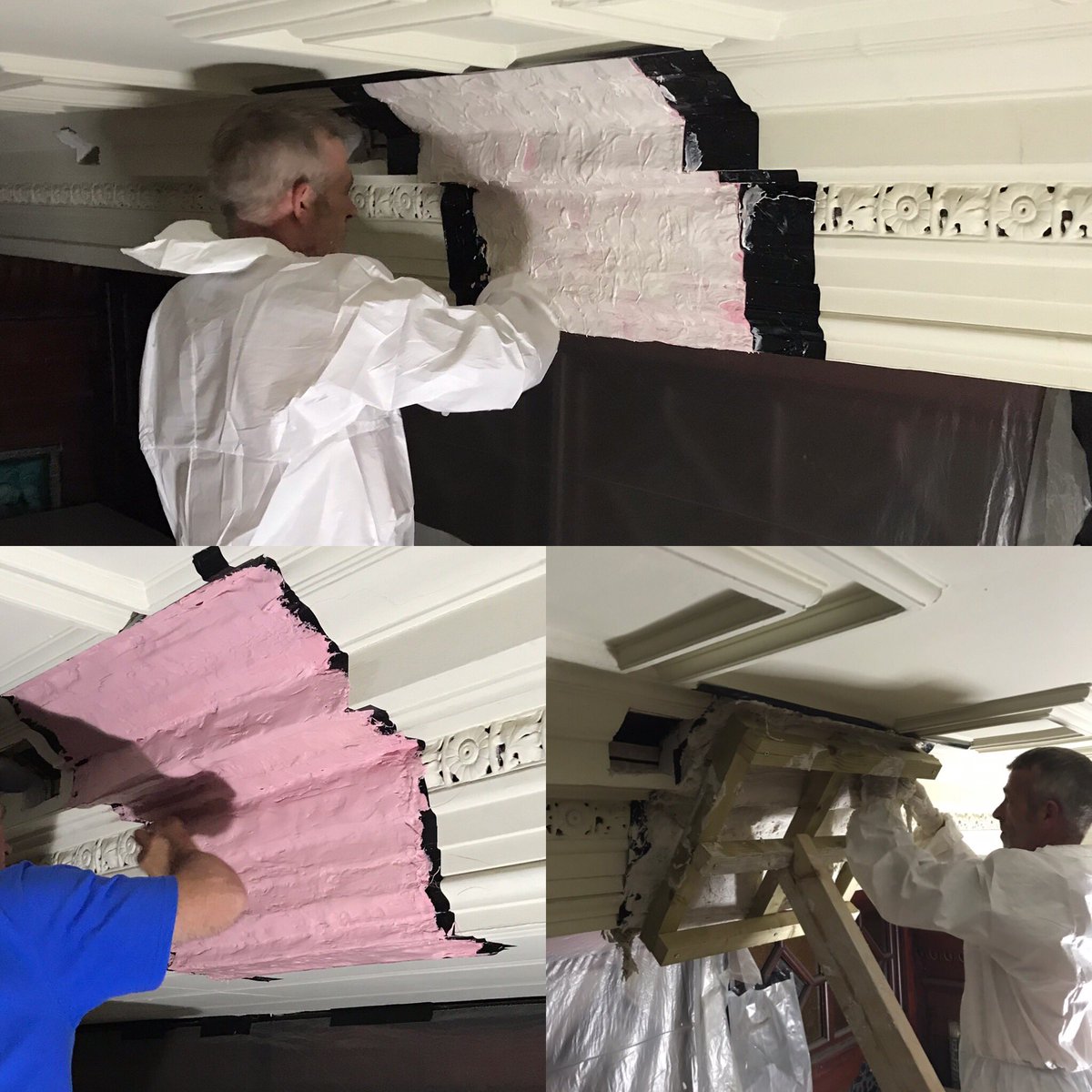My team taking a silicone squeeze, casing it in a fibrous plaster cast &amp; adding a frame prior to stripping for transport #plaster #plasterwork #periodhomes #interiors #traditional #handcrafted #heritage #conservation #restoration #lime