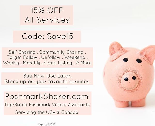 .
• 15% O F F • S A L E •
.
•15% off everything! .
•Code: Save15
.
Expires 8.17.19
.
________________________
🔥Poshmarksharer.com
.
🏆Top-Rated
.
✔Poshmark Compliant .
💻Virtual Assistants ift.tt/2H5GJK6