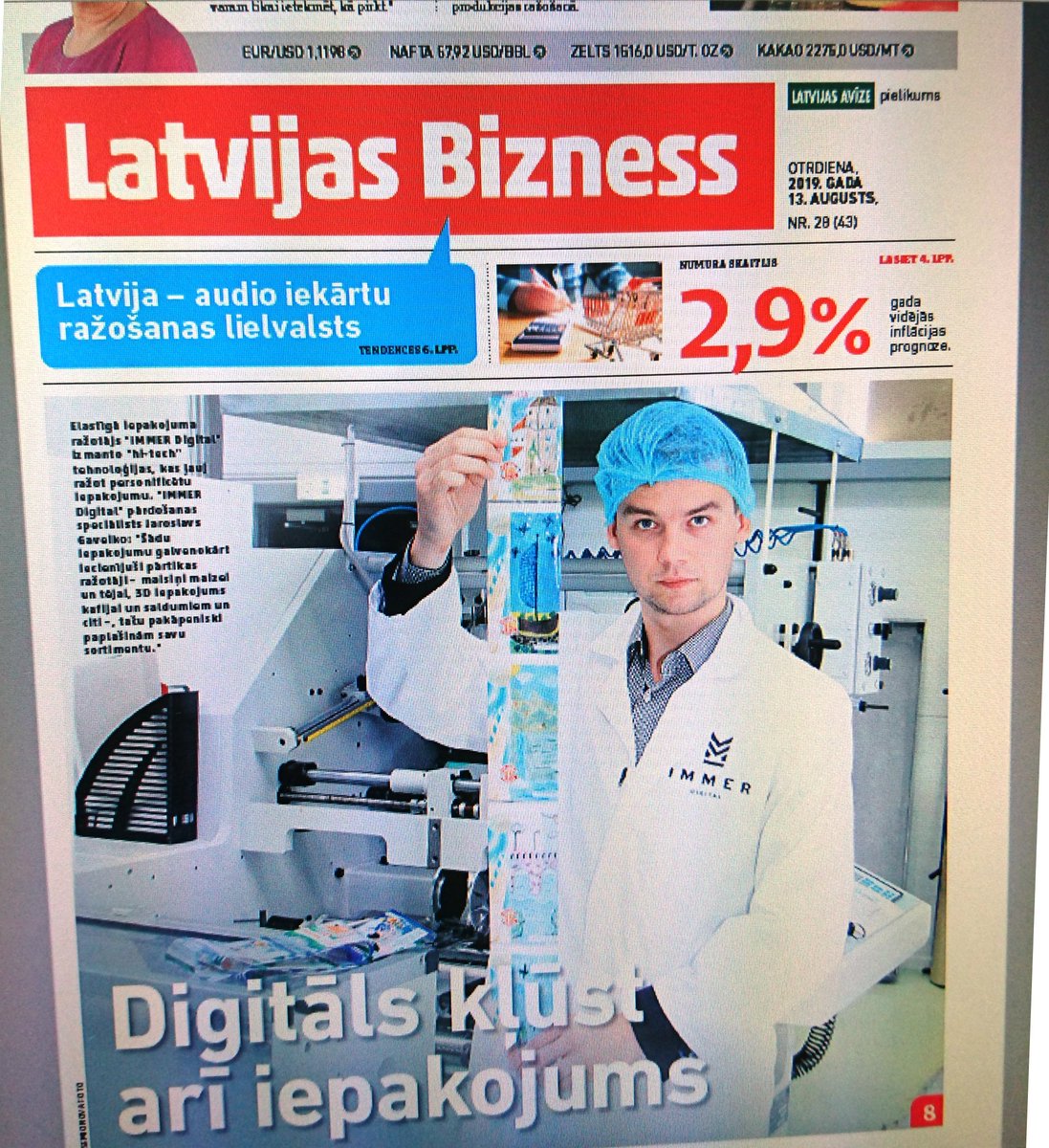 IMMER_GROUP's tweet photo. 🔖 📰 🇱🇻 We are welcoming new issue of the Latvijas Bizness newspaper (13.08.2019). You can find there a large article about innovative #packaging of #IMMERGROUP and our #IMMERDigital factory in #Ventspils😎 

#flexiblepackaging #smartpackaging #innovations https://t.co/Qmm5sdETL1