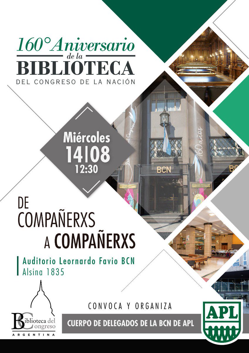 160 Aniversario de la Biblioteca del Congreso de la Nación.
Miércoles 14 de agosto, 12.30 horas.
Auditorio Leonardo Favio (Alsina 1835) // <a href="/Diprosperoaplok/">Norberto Di Próspero</a> <a href="/DiegoSolofrano/">Diego Solofrano</a>