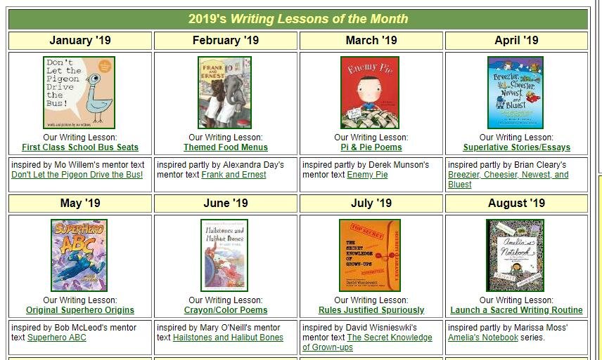 WritingFix's tweet image. Eighty-three #Writinglessons and #writing resources for teachers!  All free to use!  All inspired by a great #mentortext! Visit our website's lesson archive and EXPLORE and ADAPT: corbettharrison.com/LotM.htm  Have a great school year, everyone.