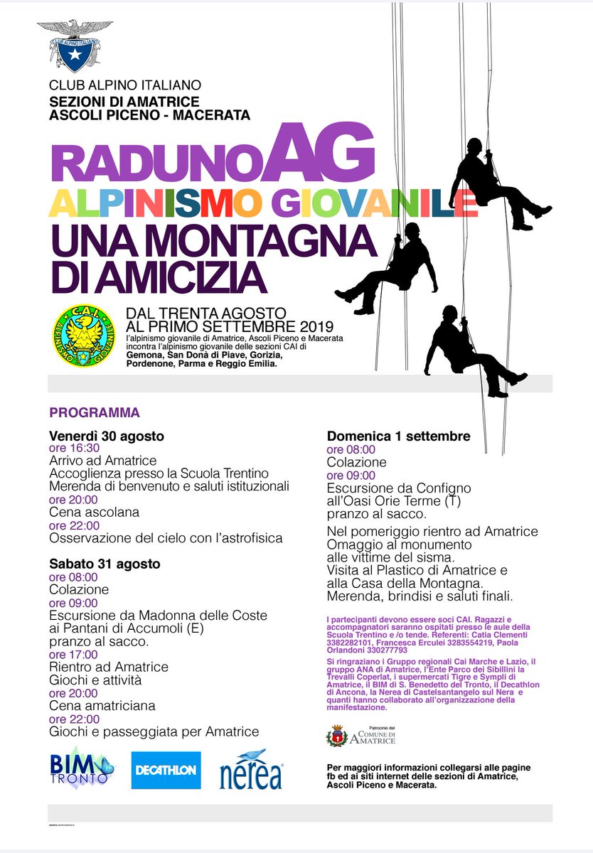 "UNA MONTAGNA DI AMICIZIA". Il 30, 31 agosto e 1 settembre l'#alpinismogiovanile delle sezioni #CAI #AMATRICE, #ASCOLIPICENO e #MACERATA ospiterà le Sezioni di #GEMONA, #SANDONADIPIAVE, #GORIZIA, #PORDENONE, #PARMA, #REGGIOEMILIA per conoscersi e vivere 3 giorni in gruppo.