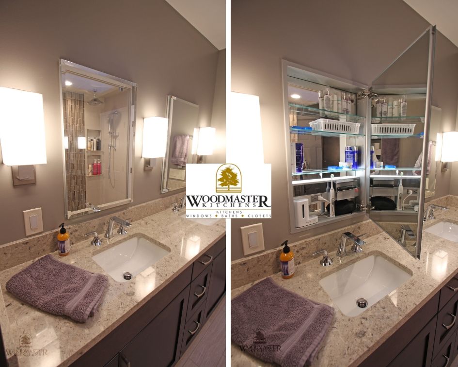 WoodmasterMI's tweet photo. Clever storage is key to a well-functioning #bathroomdesign. The recessed @Robern medicine cabinets in this #WashingtonMI remodel offer storage with built-in electronics. Contact us on 586-778-4430 to learn more about bathroom storage ideas. https://t.co/bHdhGy8TMW