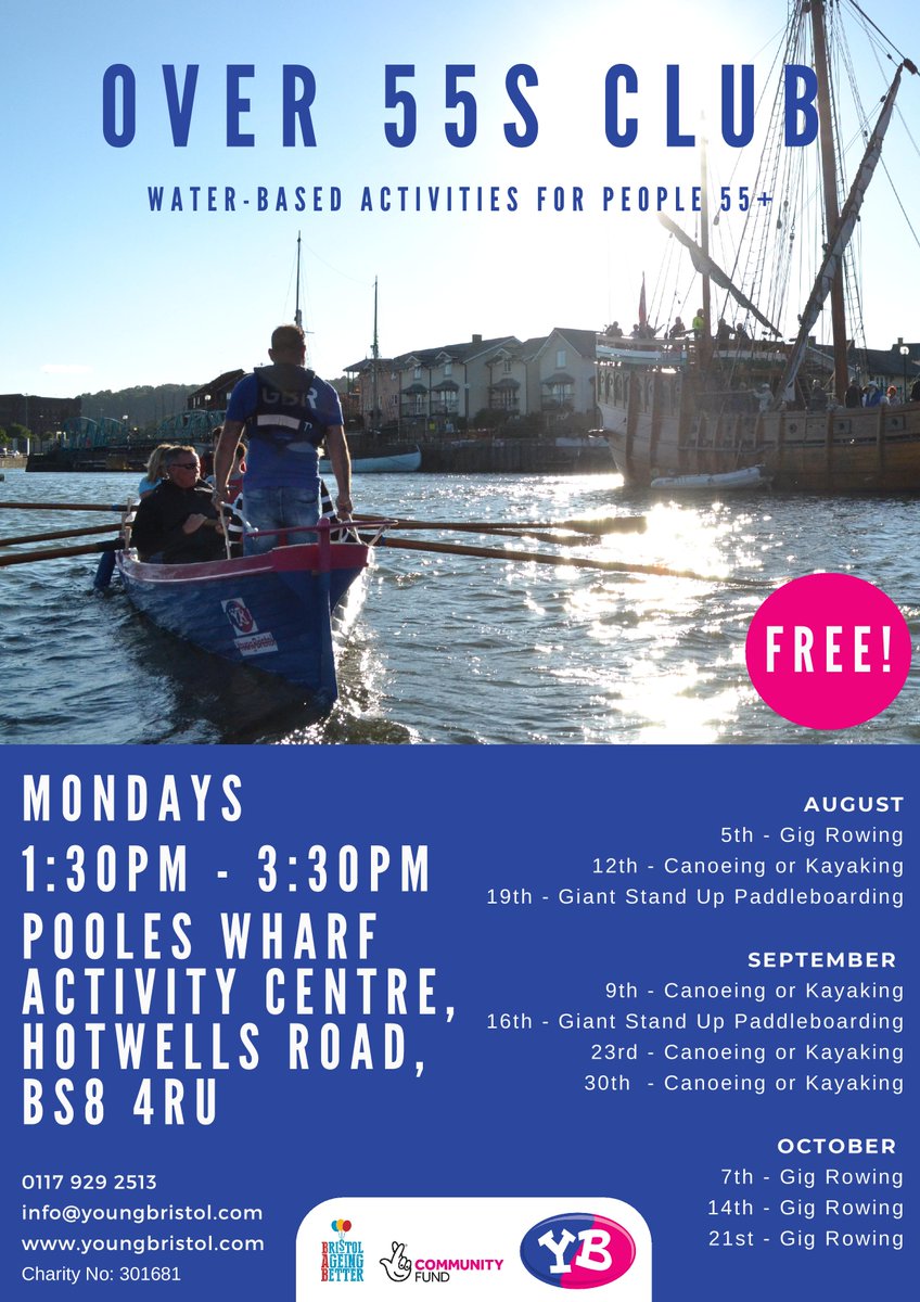 Over 55's free water activities including gig rowing🚣‍♀️ and kayaking on Mondays in Hotwells. #free #Over50 #water #Bristol #Monday @BabBristol @Young_Bristol