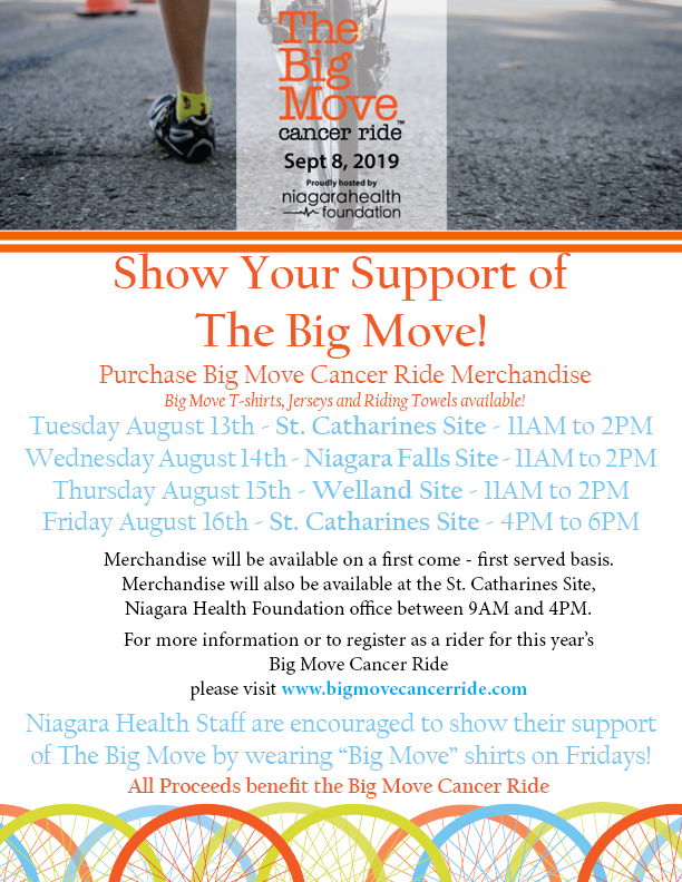 BigMoveRide's tweet photo. Greater Niagara General Hospital - it's YOUR turn!! Our staff will be selling merchandise for Big Move Cancer Ride TODAY from 11AM to 2PM on the 2nd floor across from Tim Hortons! Stop by today and wear your support on your sleeve! #BMCR2019 https://t.co/VIeoDbN1X2