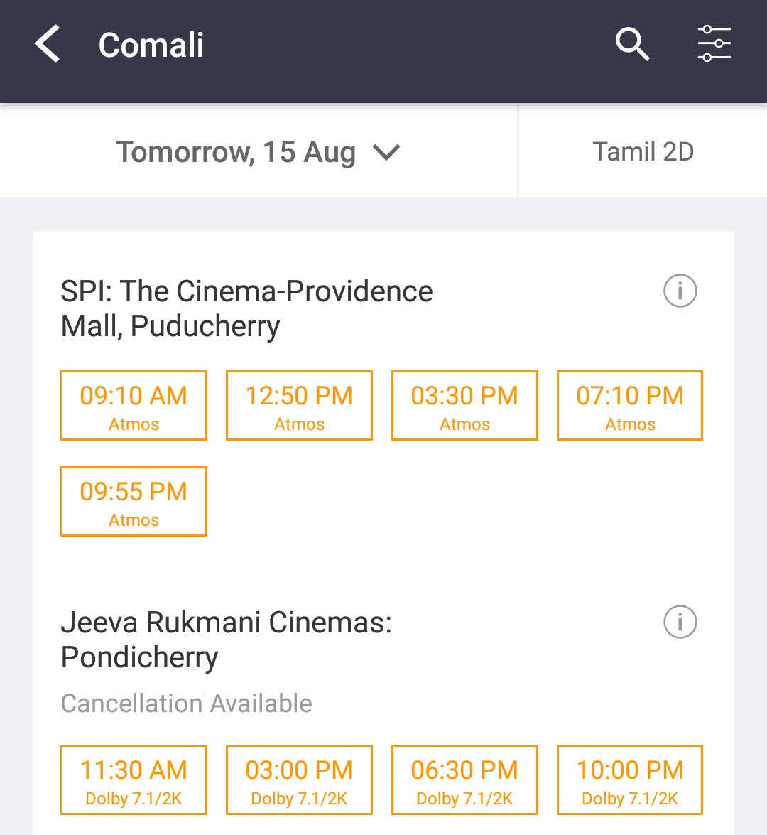 TimeToCinema's tweet photo. #Comali Online booking Pondicherry masss response mostly seats full @actor_jayamravi Movie ku Sema mass response..π₯π₯π₯ππ Tomorrow grand Release..
#ComaliFromTomorrow
#ComaliFromAug15th
#ComaliCommonDp #ComaliGetsU https://t.co/FB6SBFMBti