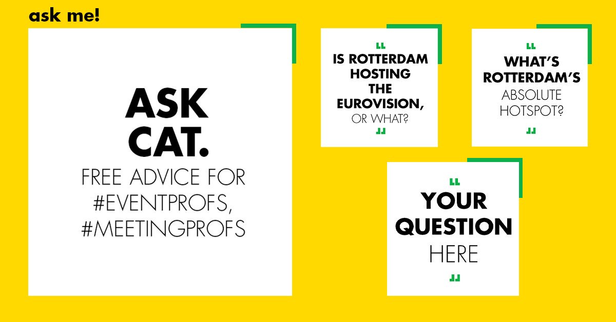 RdamPartners's tweet photo. ask Catherine! Last week we took you on a day with Catherine, from our Convention Bureau. (Check: https://t.co/zdmVPO33mF) Since then lots of #eventprofs have sent her all kinds of questions about organising a #congress in #Rotterdam. Got a question for her? Drop it below 👇#imex https://t.co/49v5m69oJt