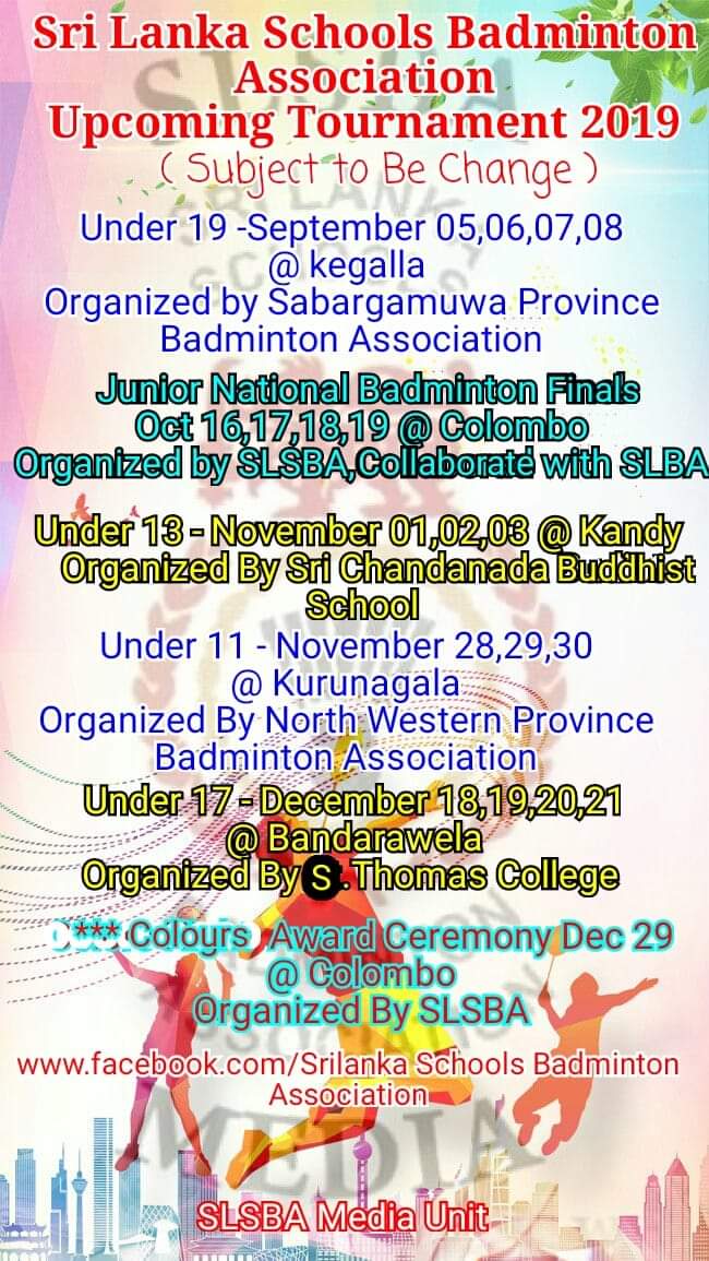 SriLankaSBA's tweet photo. Tentative schedule of upcoming #Badminton tournaments organized by Sri Lanka Schools Badminton Association in 2019
Stay tuned for more details.
#Lak #SLSBA https://t.co/TWhBNPo1Oz
