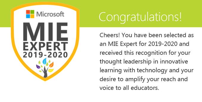 hdaniel23456's tweet photo. Excited to be chosen for the #MIEExpert program again this year.  This is such a powerful #PLN that brings together educators from around the world.  Thank you #MicrosoftEdu.  It all started with awesome professional development at https://t.co/bvoSkeuiWI https://t.co/XSPYydrWSw