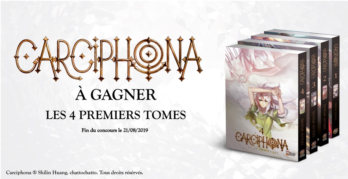 CHATTOCHATTOFR's tweet photo. [CONCOURS] Tentez de gagner le tome 4 de Carciphona en avant-première, ainsi que les 3 premiers tomes de la série. 

Pour participer :

✅ Follow @chattochattofr
🔁 Retweetez
💬 Mentionnez en commentaire un ami qui ne nous connaît pas &amp; aime les manga 

TAS le 21/08
#concours https://t.co/VziYj73Vas