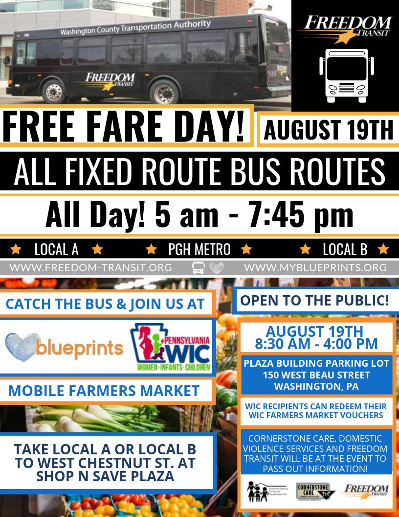 Stop by and see us Mon. August 19 to check out our Mobile Farmers Market, info on other services, Early Learning Open House and use <a href="/WashPATransit/">Freedom Transit</a> to get here during FREE FARE DAY! #blueprints #breakbarriers #buildfutures