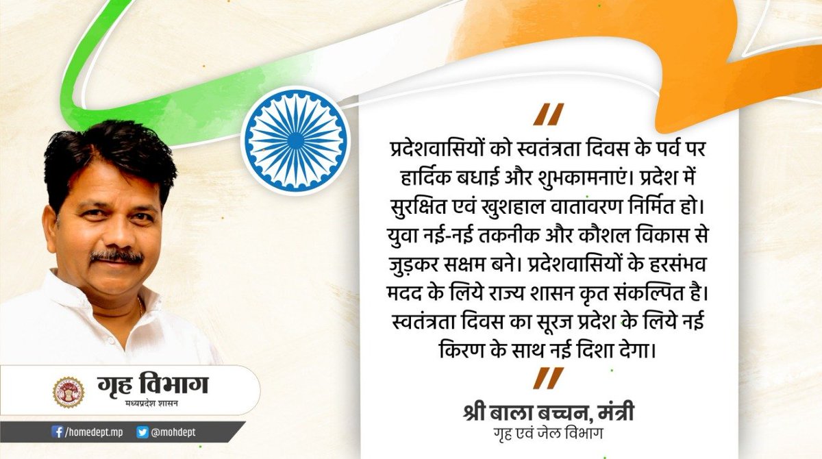 mohdept's tweet photo. गृह मंत्री श्री बाला बच्चन ने स्वतंत्रता दिवस पर प्रदेशवासियों को बधाई एवं शुभकामनाएं दी।
#IndependenceDay 
#JansamparkMP https://t.co/pPCMr8yqTn