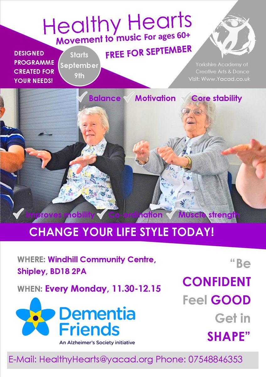 Super excited to announce we have a new Healthy Hearts - Movement to music class starting in September at @WindhillCCentre Every Monday 11.30-12.15pm @HealthwatchBfd @PeopleCanBD @BVCS_Alliance #olderpeople #healthyliving #Bradford #Combatisolation