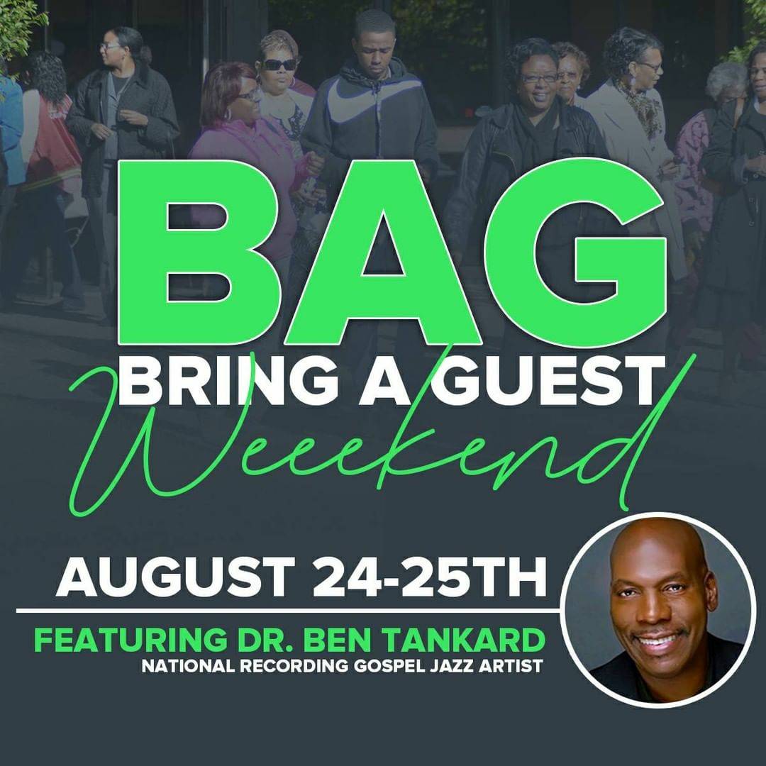 ssclive's tweet photo. Throughout the weekend of
8/24-25, let's come to worship &amp; B.A.G. >>> Bring A Guest!
Also experience the sounds of national gospel jazz recording artist,
Dr Ben Tankard!

It's a great time to be an inviter!™
#BAGWeekend  #SSCLive  @KWCosby https://t.co/kZB7jp0Zgr
