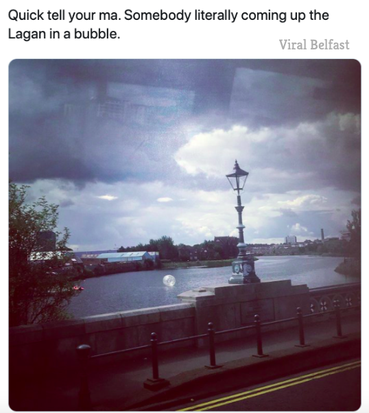 viralbelfast's tweet photo. Someone actually coming up the Lagan in a bubble. Quick, tell your ma! https://t.co/74INqyzzX9