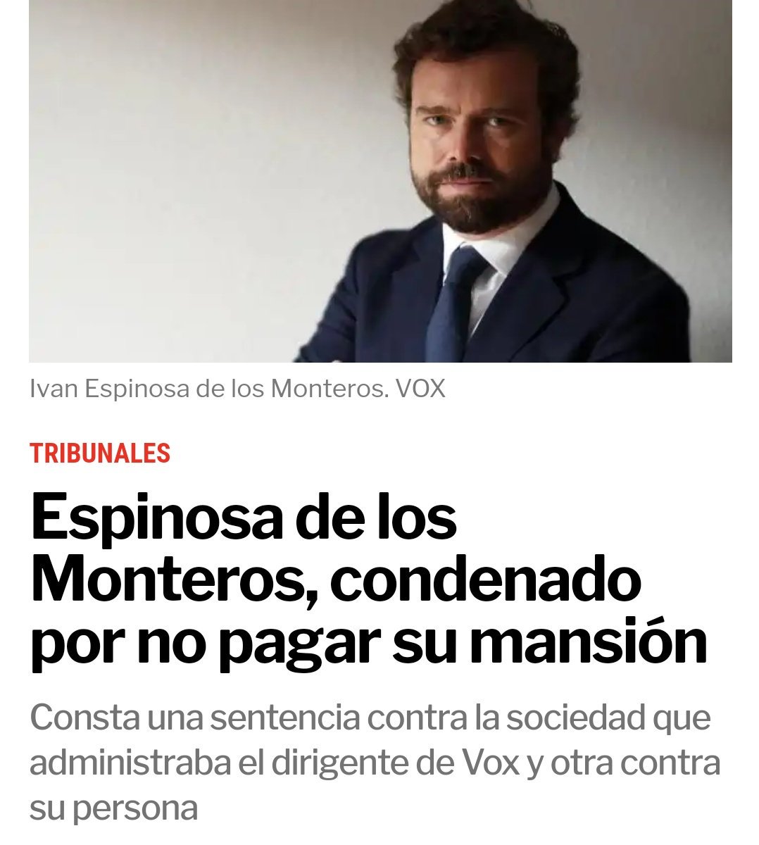 <a href="/Santi_ABASCAL/">Santiago Abascal 🇪🇸</a> <a href="/ivanedlm/">Iván Espinosa de los Monteros</a> <a href="/monasterioR/">Rocio Monasterio</a> LAS SUBVENCIONES dejan de pareceros malas CUANDO OS LAS DAN A VOSOTROS, tanto antes (mamandurrias) como ahora que ibais "a eliminarlas".

¿Qué esperar del matrimonio moroso?

Si la hipocresía se da hasta en las mejores familias, ¿por qué no habría de pasar también en la de ellos?