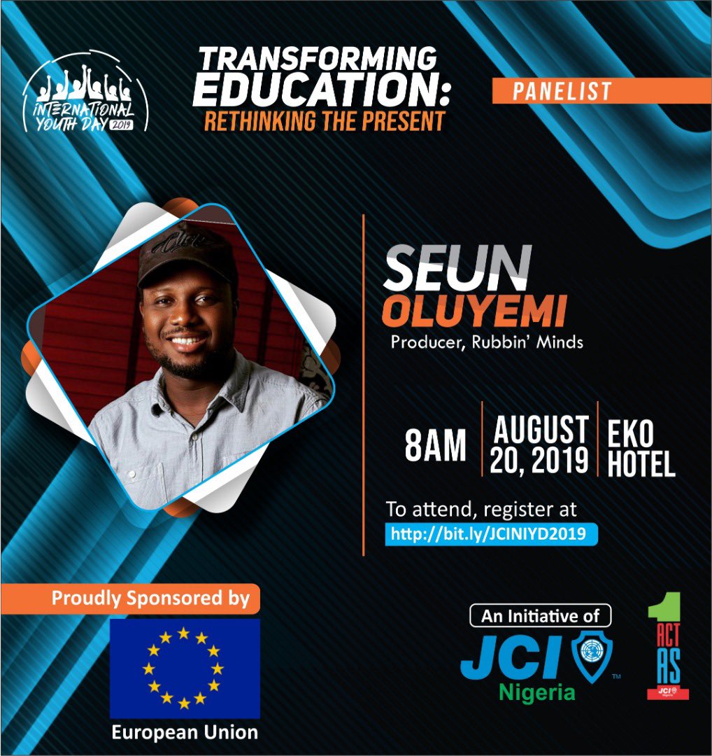 RedMediaAfrica's tweet photo. Seun Oluyemi @oluyemiseun, our Senior Manager at Y! Productions and producer of Rubbin' Minds, will be a panelist at the Junior Chamber International 2019 International Youth Day Conference on August 20, 2019.  

Be there as he shares his vast experience and insight. #TeamRED https://t.co/8YmXmadjTC