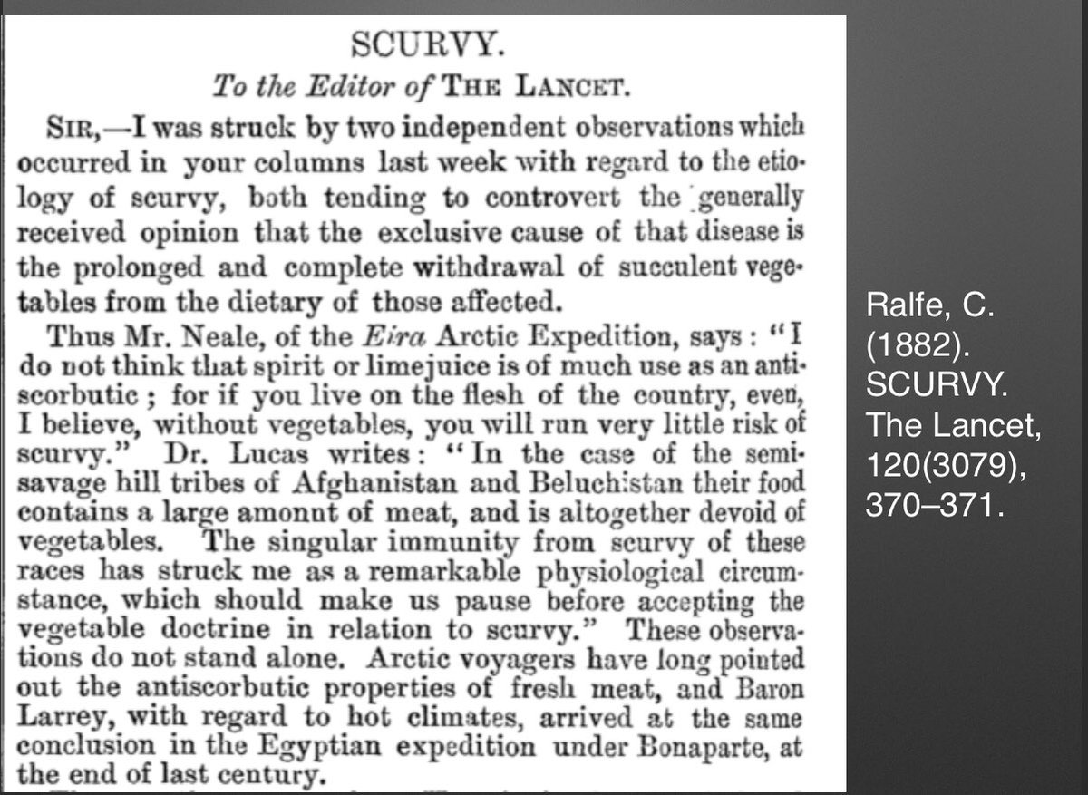 First, it& #39;s been known for centuries that societies eating little to no plants didn& #39;t get scurvy, and that fresh meat would cure it. This was an observation scientists wanted to understand and explain. 2/