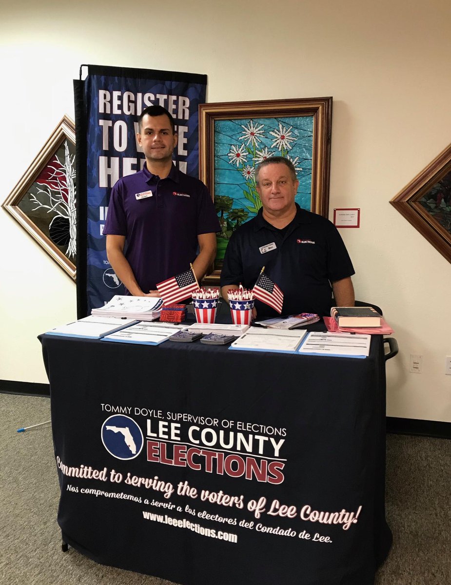 Lee_Elections's tweet photo. Our Community Education Services Coordinator, Juan Diez, and Patriot, Marc are at the Lee County Clerk of Courts, today, until 11:00 a.m.!
Stop by if you need to register to vote, or to update your voter registration record!
#LeeVotesLocal https://t.co/KfCHrIto9k