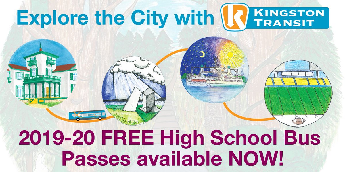 KingstonTransit's tweet photo. High school students can now sign-up/renew their FREE bus passes for the 2019-20 school year! Students can head to City Hall (216 Ontario St.) or the @CataraquiCentre to get their passes. A valid 2019-20 student photo ID OR 2019-20 student timetable &amp; birth certificate required. https://t.co/zn4yLM6K6e