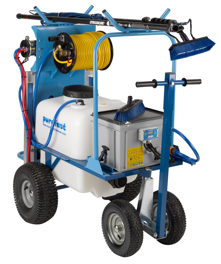 CleanMachineLtd's tweet photo. Our latest #purefast innovation, a unique 120 litre 4-wheeled #purewater #windowcleaning trolley that is totally self contained with onboard water filtration &amp; a battery powered pump.  Easily pulled along, or drawbar can be attached to a mini tractor.  Includes 50 metre hosereel. https://t.co/kHzzebMi3g