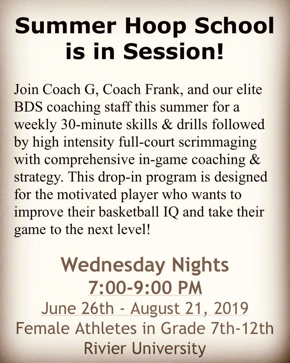 GirginisSports's tweet photo. Summer Hoop School is back at Rivier University TONIGHT. Some 5v5 with in-game individual instruction &amp; strategy. Final workout before this weekend’s AAU Tryouts! #skilldevelopmentneverstops #playingtimeisearnedintheoffseason https://t.co/DGcY886Dtz