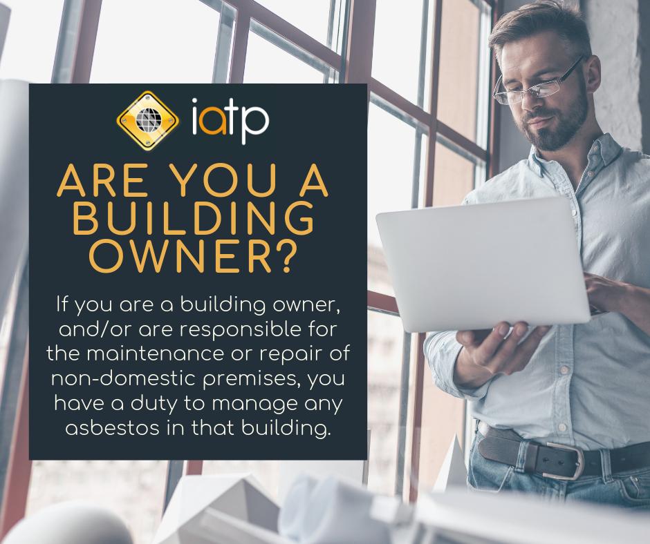 IATP_Asbestos's tweet photo. Are you a building owner?

If you are a building owner, and/or are responsible for the maintenance or repair of non-domestic premises, you have a duty to manage any asbestos in that building.

Find out more here https://t.co/OjiChUmDQf https://t.co/PXhVuYZ8Tx
